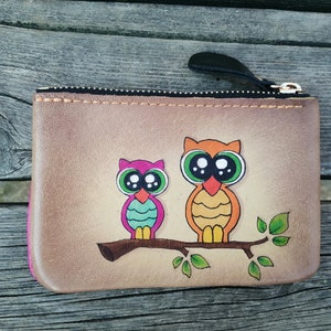 mujer de la cartera de cuero pintada a mano, billetera de cuero genuina turca pintada a mano, cartera de cuero hecha a mano con el bolso, cartera de cuero del búho