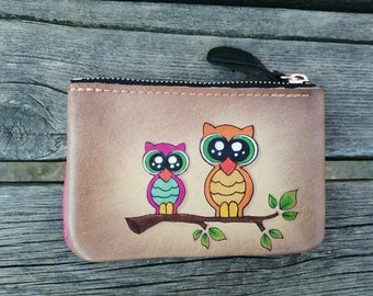 hand painted leather wallet woman, Turkish genuine leather wallet handpainted, handmade leather wallet with purse, owl leather wallet