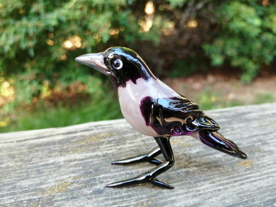 ガラスのカラス、手吹きガラスの鳥の置物、ガラスのカラスの飾り