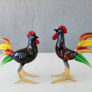 Glass rooster and hen, glass rooster figurine, glass hen ornament, glass animals, murano rooster family figurine, glass collectibles