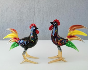 Glass rooster and hen, glass rooster figurine, glass hen ornament, glass animals, murano rooster family figurine, glass collectibles