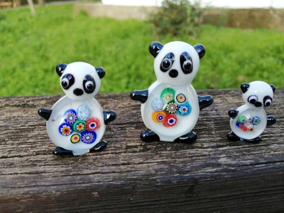 Famille des pandas en verre, pandas en verre soufflé, pandas miniatures 3  pcs, ornement panda, figurine panda, panda murano, figurine en verre -   France