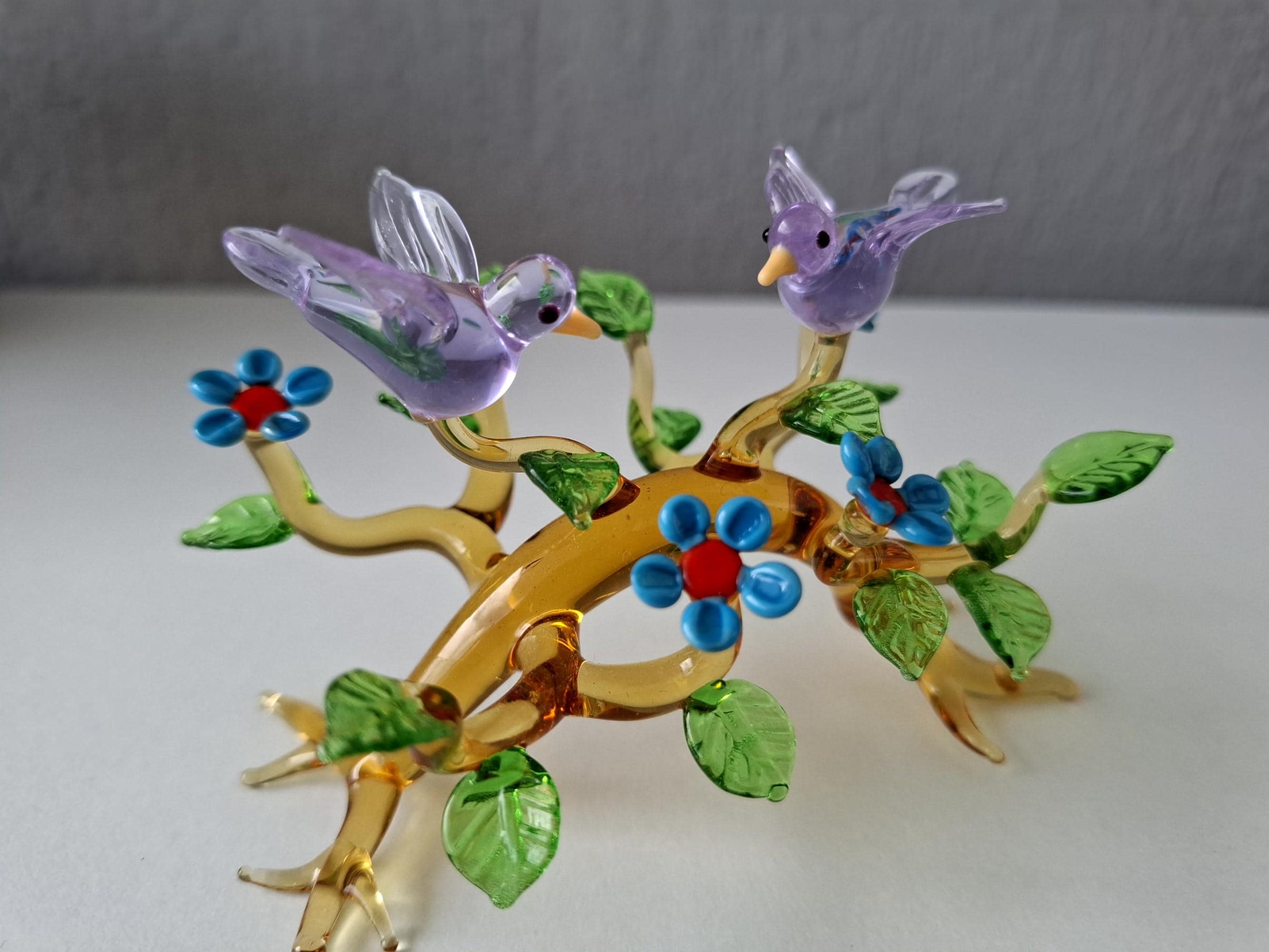 Handmade Murano Glass Birds on a Branch , Art Glass Bird Figurine