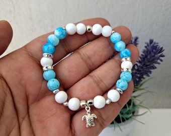 Handmade Glass Beaded Bracelet with Sea Turtle Charm, Dainty Ocean Jewelry