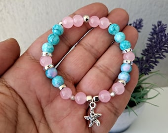 Handmade Glass Beaded Bracelet with Starfish Charm, Dainty Ocean Jewelry