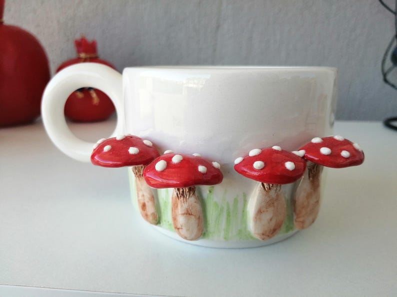mushroom coffee mug, ceramic mug with mushroom, mushroom engraved mug, nature themed coffee mug, handmade ceramic mug, christmas gift image 2