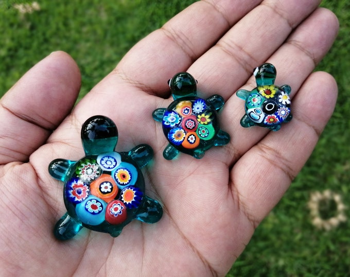 Glass Turtle Family, Blown Glass Turtles, 3pcs Miniature Turtles