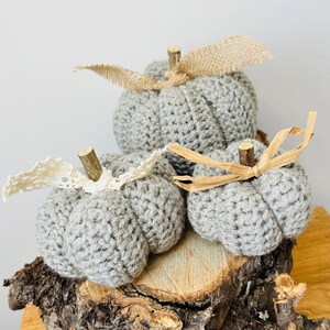 May include: Three crocheted grey pumpkins with different embellishments, sitting on a wooden stump. The pumpkins are decorated with lace, burlap, and twine.
