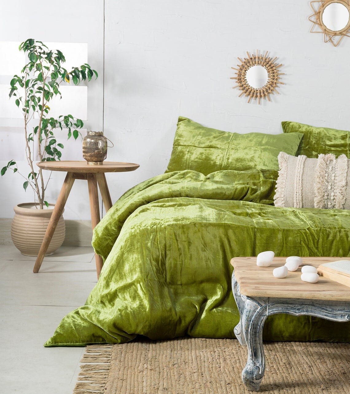 3 Pieces Set Luxury Crushed Green Velvet Duvet Cover Boho Etsy