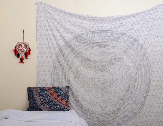 Gray Ombre Handmade Colors Of India Mandala Tapestry Wall Hanging Bedroom Wall Decor Block Printed Bedspread Dorm Decor Throw Handmade