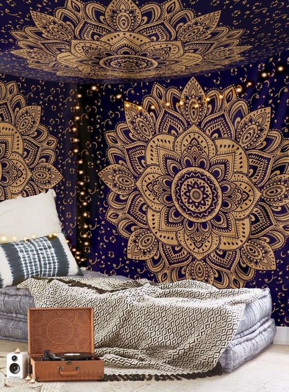 Indian Deluxe Mandala Tapestry Wall Hanging With Golden Lotus - Cloth Wall Hangings Indian Indian Deluxe Mandala Tapestry Wall Hanging With Golden Lotus - Cloth Wall Hangings Indian