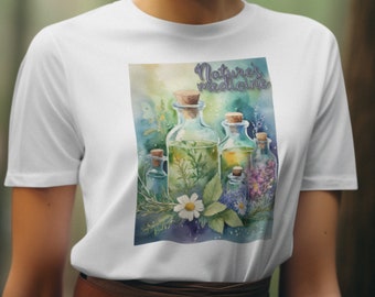 Herbalist T-Shirt: Watercolor Herbs & Apothecary Bottles Design