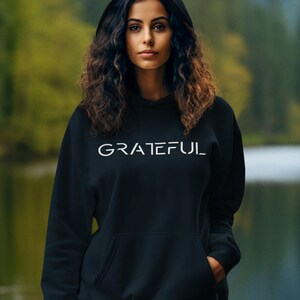 Grateful hoodie inspirational gift for an attitude of gratitude and are loving life manifesting, minimalistic print. Heavy Hooded Sweatshirt