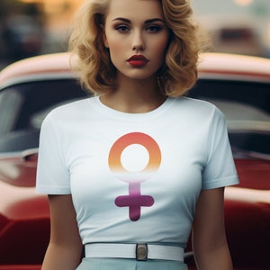 Lesbian pride T-shirt embellished with woman symbol in lesbian colours tee gift for her tshirt Pride lesbian mom gift Organic tee statement