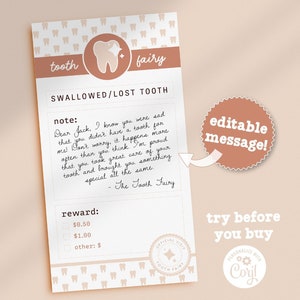 Editable Swallowed Tooth Fairy Letter Instant Download | Lost or Missing Tooth for Tooth Fairy | Letter From Tooth Fairy