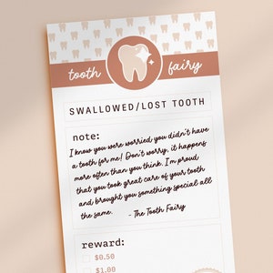 Swallowed Tooth Fairy Letter Instant Download | Lost or Missing Tooth for Tooth Fairy | Letter From Tooth Fairy