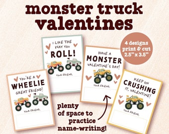Kids Monster Truck Valentines Printable Cards for School | Boys Valentines Printables | Preschool Classmate Valentine Tags |