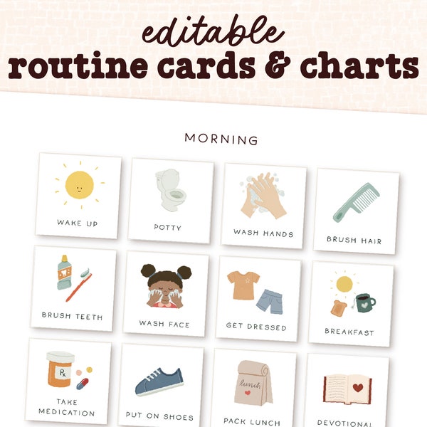 Cartes de routine quotidiennes modifiables | Tableau des routines préscolaires des tout-petits | Programme visuel du rythme quotidien pour les enfants | Cartes d'école à la maison Montessori