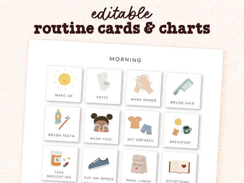 Editable routine cards and charts - shown is a sample of the cards available in the set (brush teeth, wake up, etc) placed onto a morning routine chart