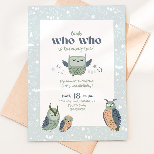 Second Birthday Invitation | 2 Year Old Birthday | Boys 2nd Birthday Printable Invitation | Owl Birthday | 2nd Birthday Theme