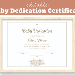 Plantilla de certificado de dedicación de bebé editable / Certificado imprimible de dedicación de bebé / Para iglesias / Recuerdo de dedicación digital
