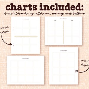 May include: Four printable charts for morning, afternoon, evening, and bedtime routines. Each chart has a grid with up to 12 slots for longer routines. One chart has a wavy line across the top, labeled "to-do & done for those who prefer".