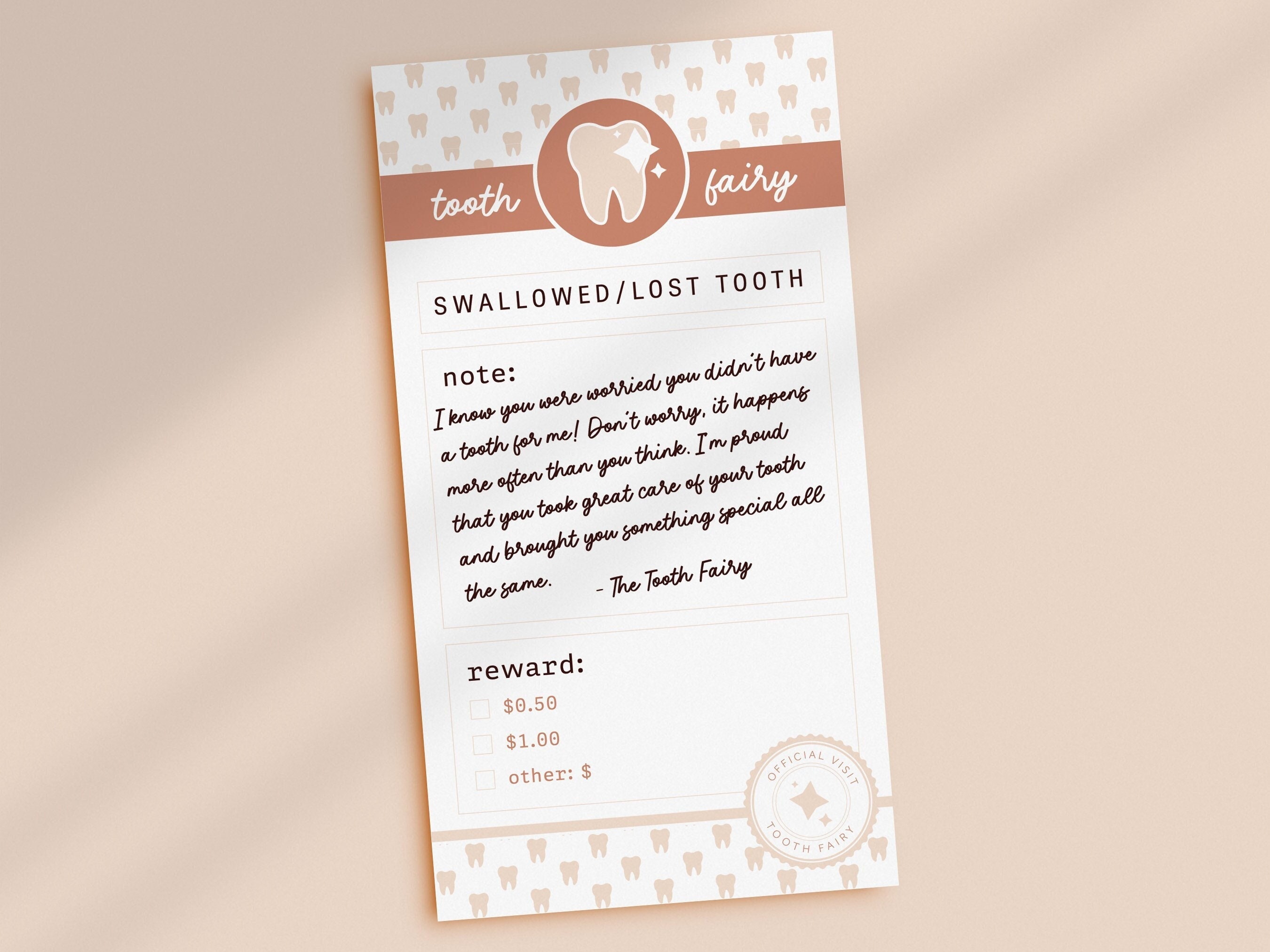 Swallowed tooth fairy letter instant download lost or missing tooth