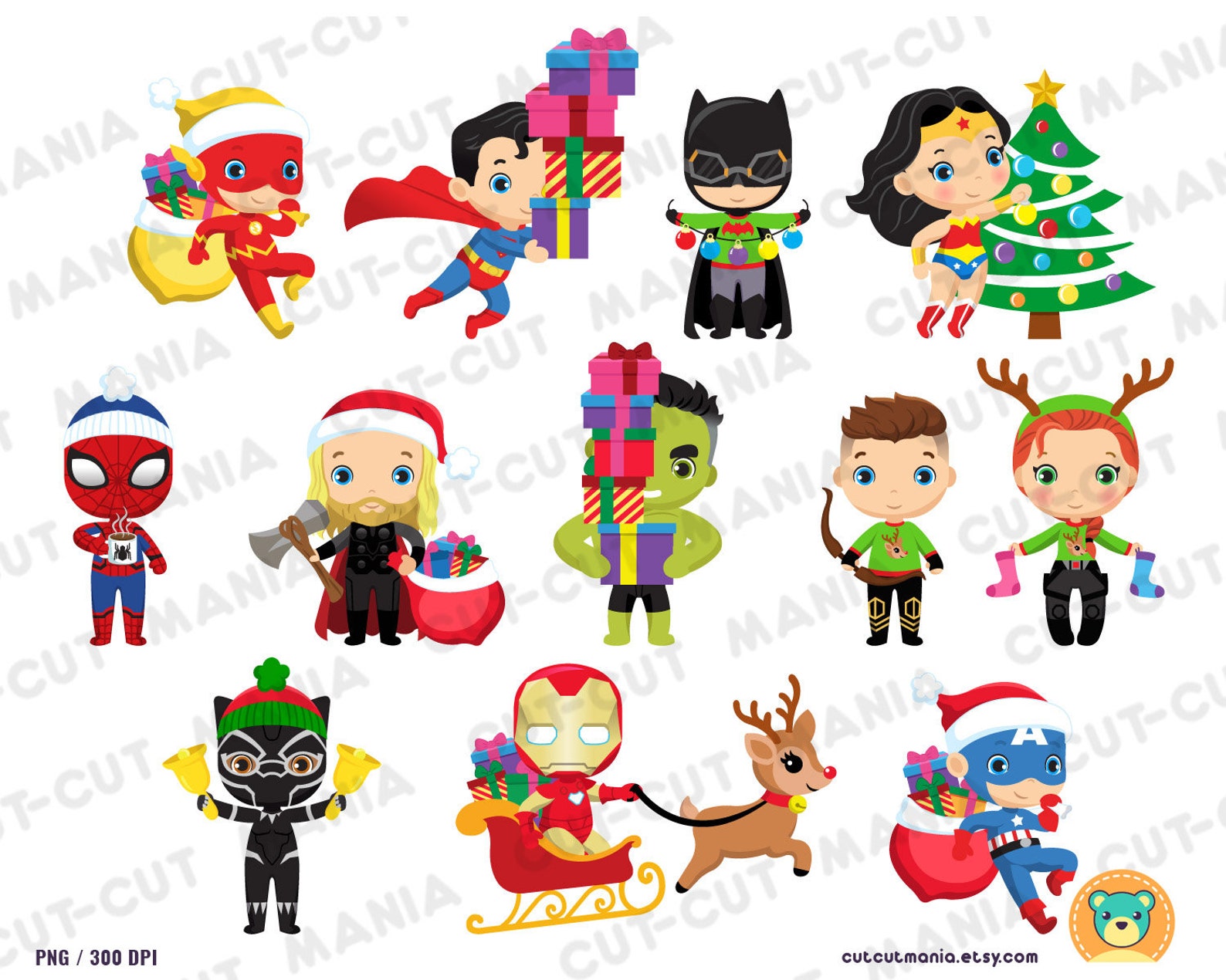 Christmas Super Heroes Cliparts Cute Superheroes Cliparts | Etsy
