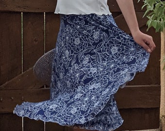 Gore Skirt, Denise Jersey Skirt, Midi Length, Printed Panel Skirt, Circle Skirt, Washable Jersey Knit, Blue White Floral Skirt, Seamed Skirt