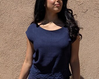 Linen Lace Blouse, Navy Summer Blouse, Viscose Linen Tank, Linen and Lace Top, Sleeveless Linen Top, Cap Sleeve, Soft Linen Blouse