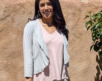 Cropped Viscose Linen Jacket, Light Grey, Joyce Flounce Jacket, Open Ruffle Bolero, Cropped Sleeve Top, Sizes XS - L, Made in USA