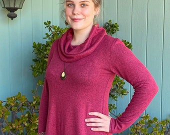 Cowl Neck Sweater Tunic, Strawberry Mid Thigh Pullover, Long Sleeve Tunic Top, Sweater Dress, Winter Sweater, Pullover Sweater Dress