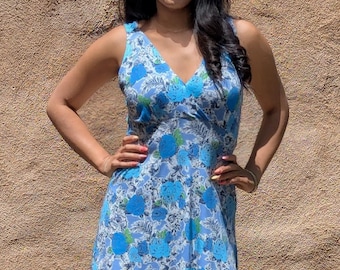 LBD, Ivory Blue Floral A-Line Dress, Sizes XS To XL, Wedding Guest Dress, Party Dress, Lettuce Hem, Knee Length, Special Occasion