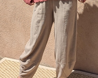 Viscose Linen Viola Lantern Pants for Women, khaki, Sizes XS to XL, Relaxed Fit,  Elastic Waistband, Washable Linen, Made in USA