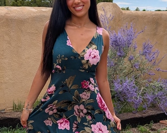 LBD, Teal Green Pink Floral A-Line Dress, Sizes XS To XL, Wedding Guest Dress, Party Dress, Lettuce Hem, Knee Length,  Special Occasion