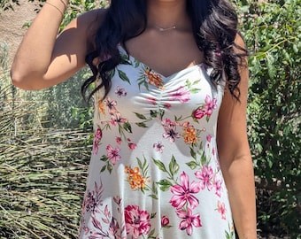 Mint Green Pink Floral Sun Dress, Summer Dress, Jersey Knit Dress, Sizes X - L, Sweetheart Neckline, A-Line Silhouette, Bra Friendly Strap