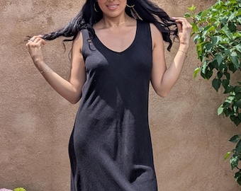 Viscose Linen Midi Dress, Bias Cut Dress, Black Tank Dress, Sizes, XS to XL, Sleeveless Dress, Form Fitting Dress, V-Neck Midi Dress