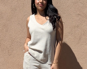 Viscose Linen Blouse, Natural Bias Top, Washable Linen Tank Top, Size XS to L, Minimalist Style, Summer Linen Top, Sleeveless, Made in USA