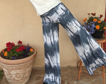 Stretch Rayon Pants for Women, Fold Over Stretch Waistband Pants, Relaxed Fit Casual Pants, Loose Wide Leg Trousers, Tie Dye Palazzo Pants