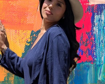 Cropped Viscose Linen Jacket, Navy, Joyce Flounce Jacket, Open Ruffle Bolero, Cropped Sleeve Top, Sizes XS - L, Made in USA