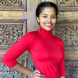 Red Turtleneck Top, Rayon Turtleneck, High Neck Sweater, 3/4 sleeve Sweater, Fitted High Neck Top, Pullover Top, Layering Top