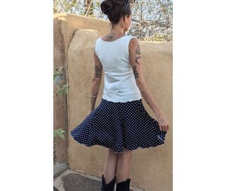 Gore Skirt, Isabel Jersey Skirt, Above Knee Length, Printed Panel Skirt, Circle Skirt, Washable Jersey Knit, Blue White Polka Dot Skirt