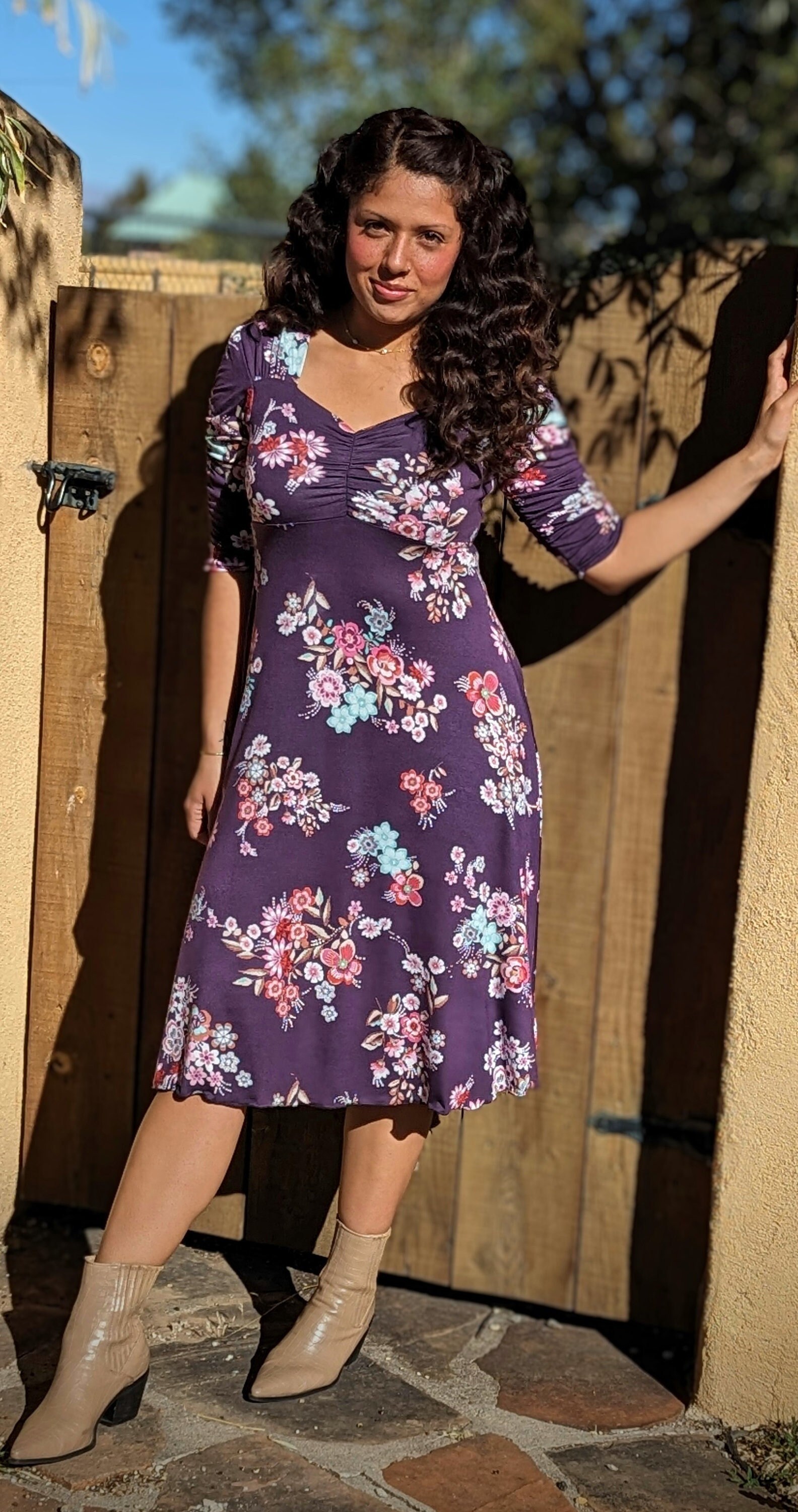 BuckoSantaFe Ruched Rayon Jersey Dress Purple Floral Printed Ellen Dress Sweet Heart Neck Line 3 4 Sleeve Pullover Style Special Occasion Dress