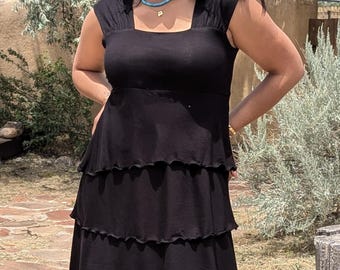Short Sleeve Dress For Women, Tiered Dress, Black Stretch Jersey Dress, Lettuce Hem, Summer Dress, Cap Sleeve, A-Line Dress