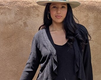 Cropped Viscose Linen Jacket, Black, Joyce Flounce Jacket, Open Ruffle Bolero, Cropped Sleeve Top, Sizes XS - L, Made in USA