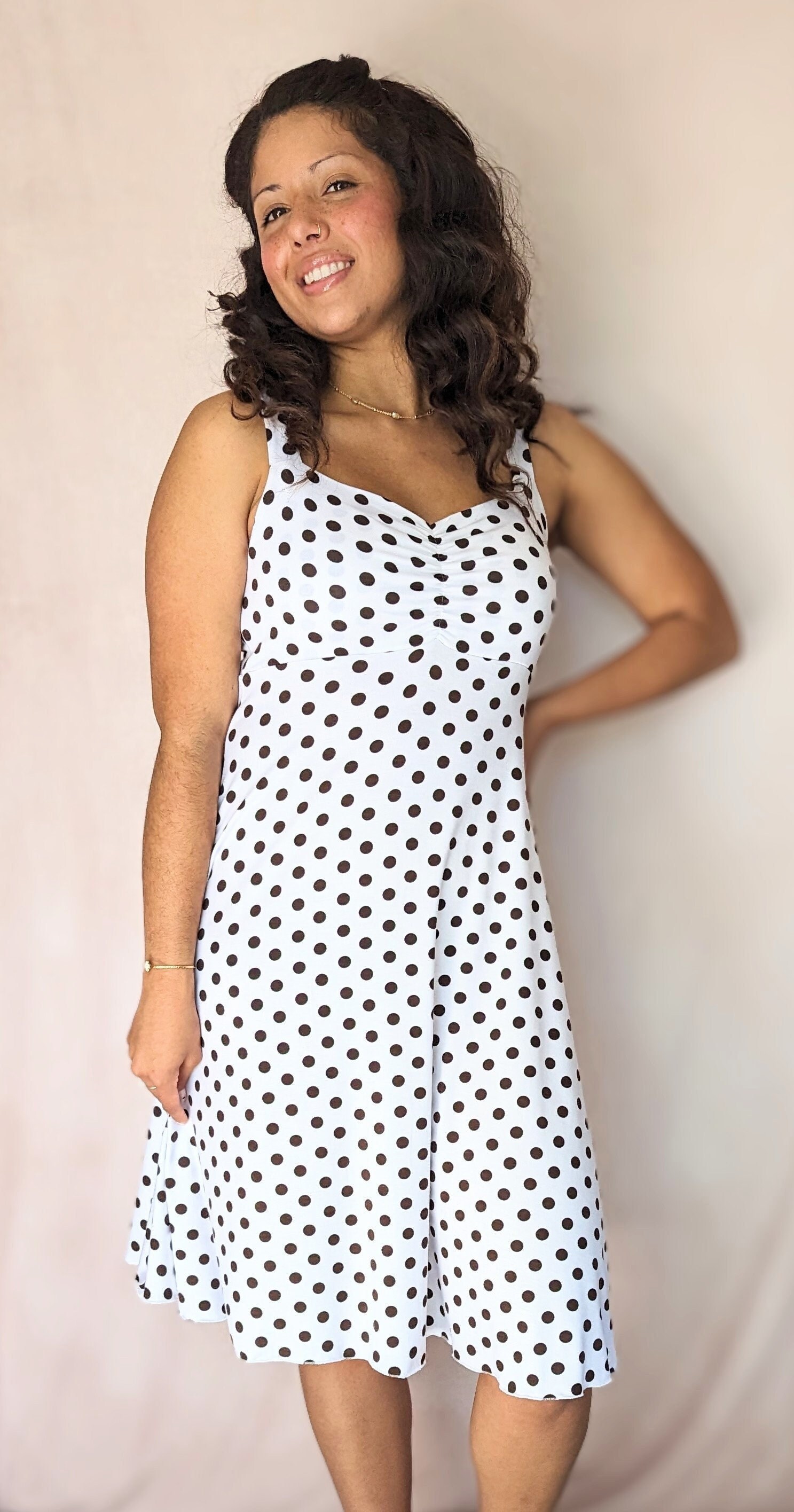 White Black Polka Dot Sun Dress, Summer Dress, Jersey Knit Dress, Sweetheart Neckline, A-Line Silhouette, Bra Friendly Strap, Rayon Dress White Black Polka Dot Sun Dress, Summer Dress, Jersey Knit Dress, Sweetheart Neckline, A-Line Silhouette, Bra Friendly Strap, Rayon Dress
