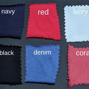 Puede incluir: Seis muestras de tela en diferentes colores: azul marino, rojo, marfil, negro, mezclilla y coral.