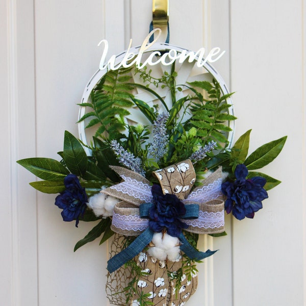 Welcome Wreath, Door Decor, Wall Decor, Tobacco basket wreath.