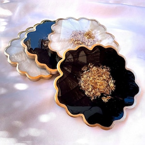 Midnight Raven Black and Pearly Snow White Flower Shaped Coasters Set