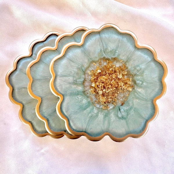 Sage Mint Green and Gold Flower Shaped Coasters